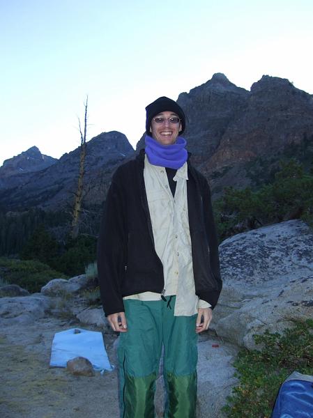 backpacking188.JPG - As soon as the sun goes behind the mountains it cools off fast.  Talk about a fashion statement.