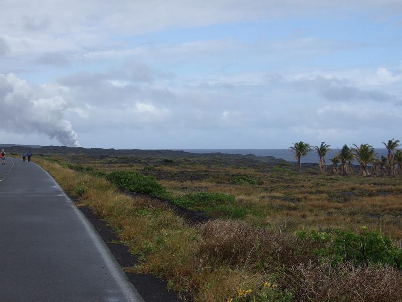 hawaii099.JPG - Day 2:  Hawai'i Volcanoes National Park.  The steam rising in the distance is where the current eruption is entering the ocean.